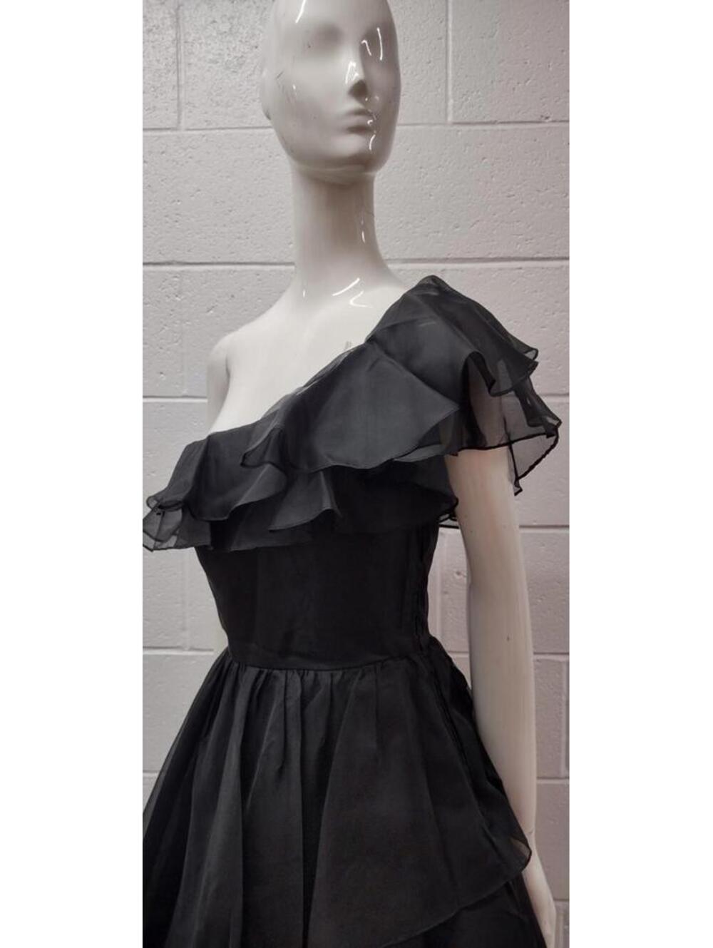 Vintage Off The Shoulder Black Sheer Disco Dress Belted Early 1980s SAMIR Size S - Picture 5 of 16